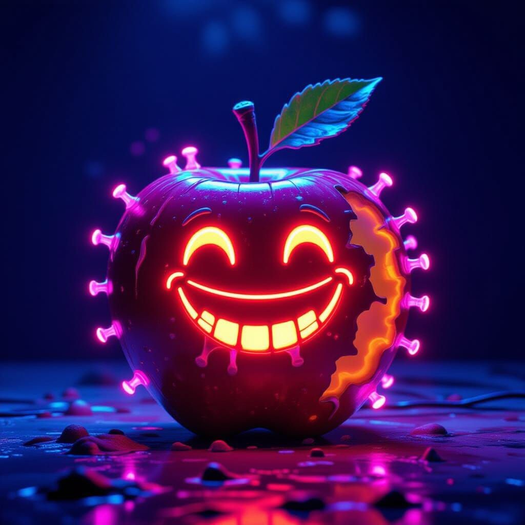 Neon Bacteria Sculpture on Rotten Apple