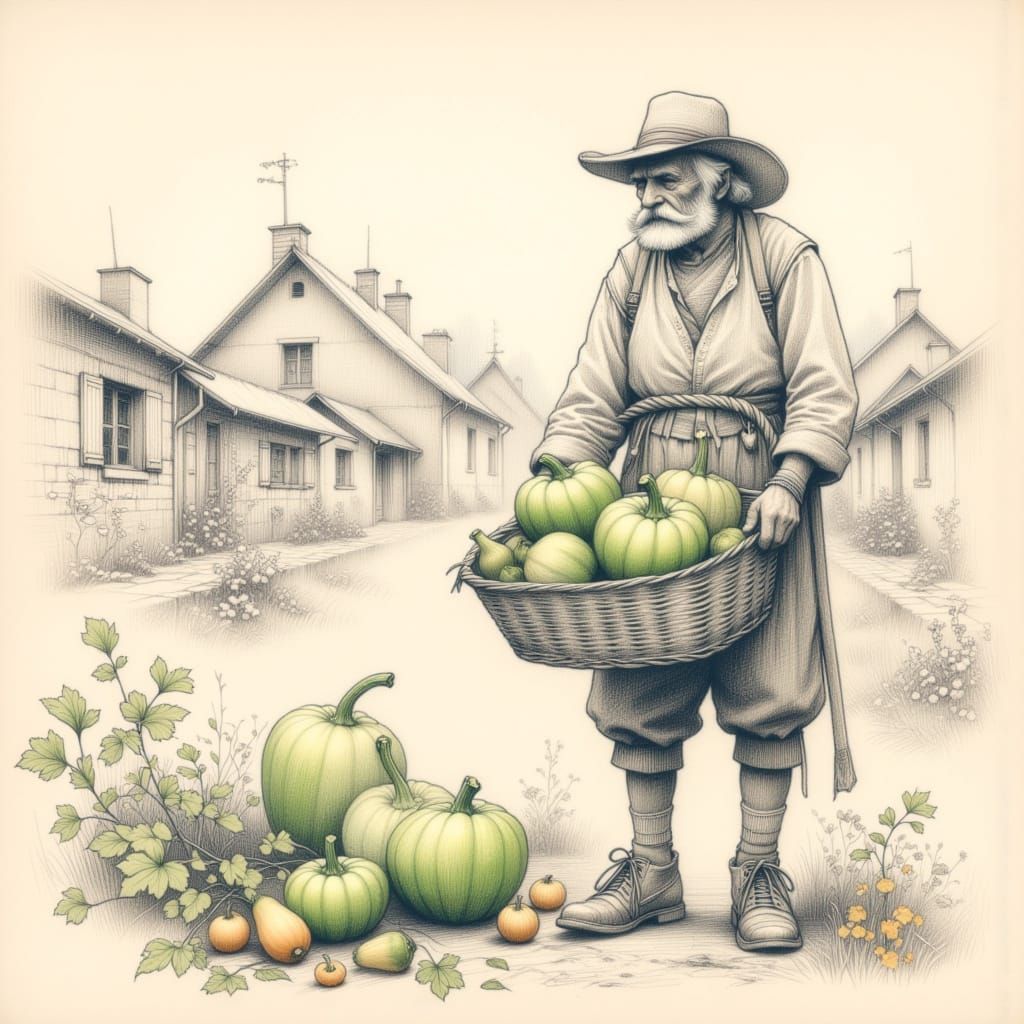 <lora:province:1.0> on a flat drawn background of an provincial town old man with a basket of green pumpkins. Pencil drawing with multiple o...