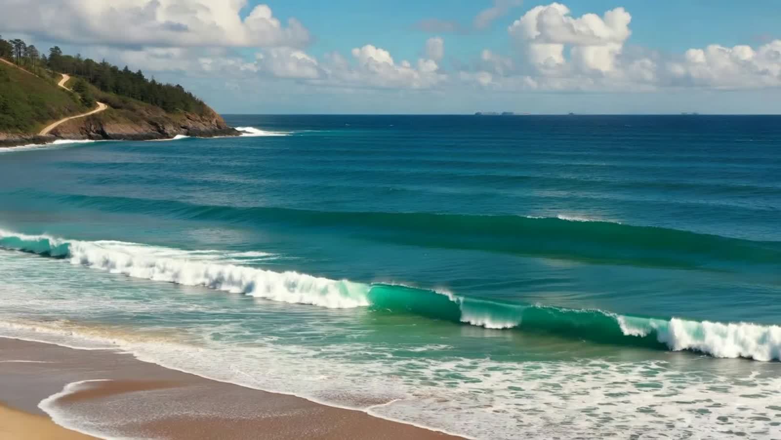 The waves crashing in on the shore.