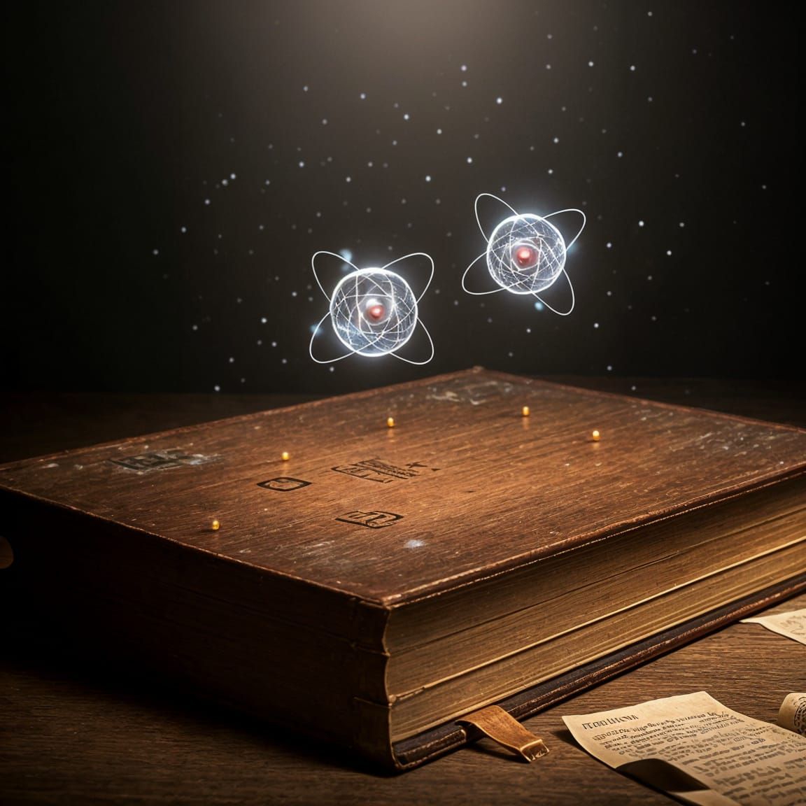 two atoms dancing above a science book.  