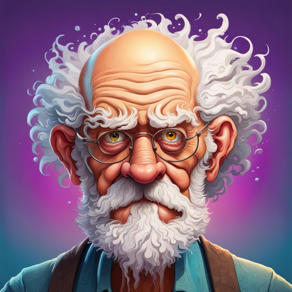 Caricature crazy old man have white curly beard and no hair with flawn ...