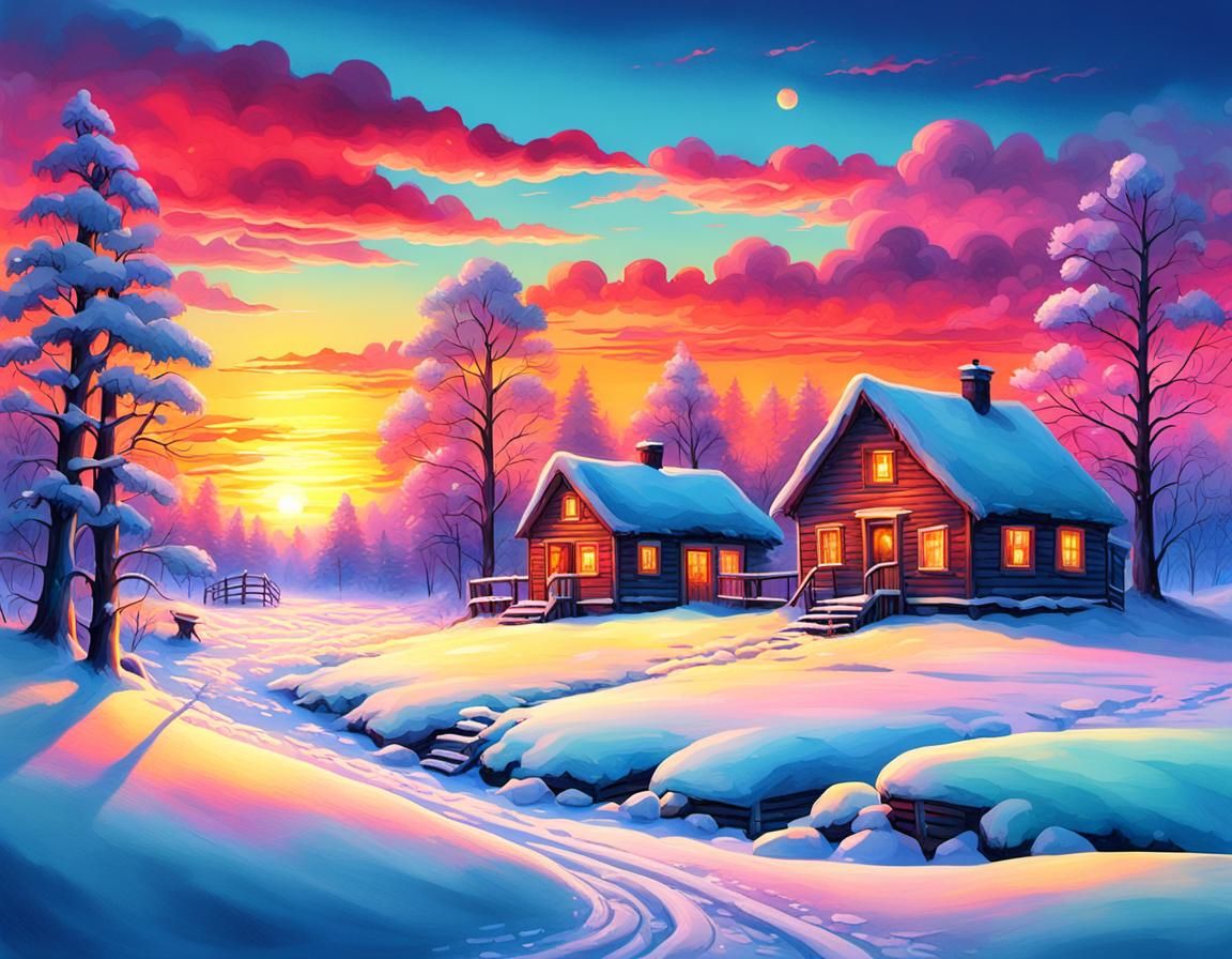 Winter sunset in a northern village. hyperdetailed color gra...