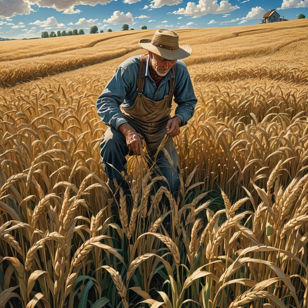 Benevolent Farmer Harvesting Wheat in Lush Field