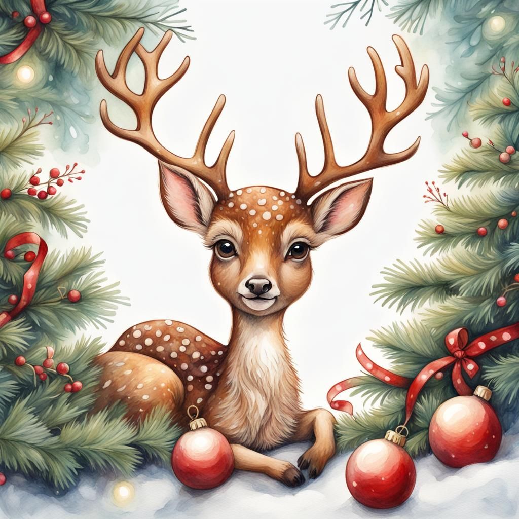 Cute Christmas Deer Watercolor Illustration