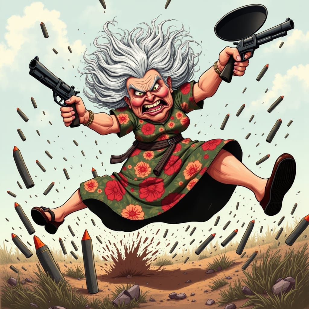 <lora:Angry Meemaw:1.0> Angry Meemaw, with a frying pan in one hand and a revolver in her other hand drop kicking through a field of landmin...