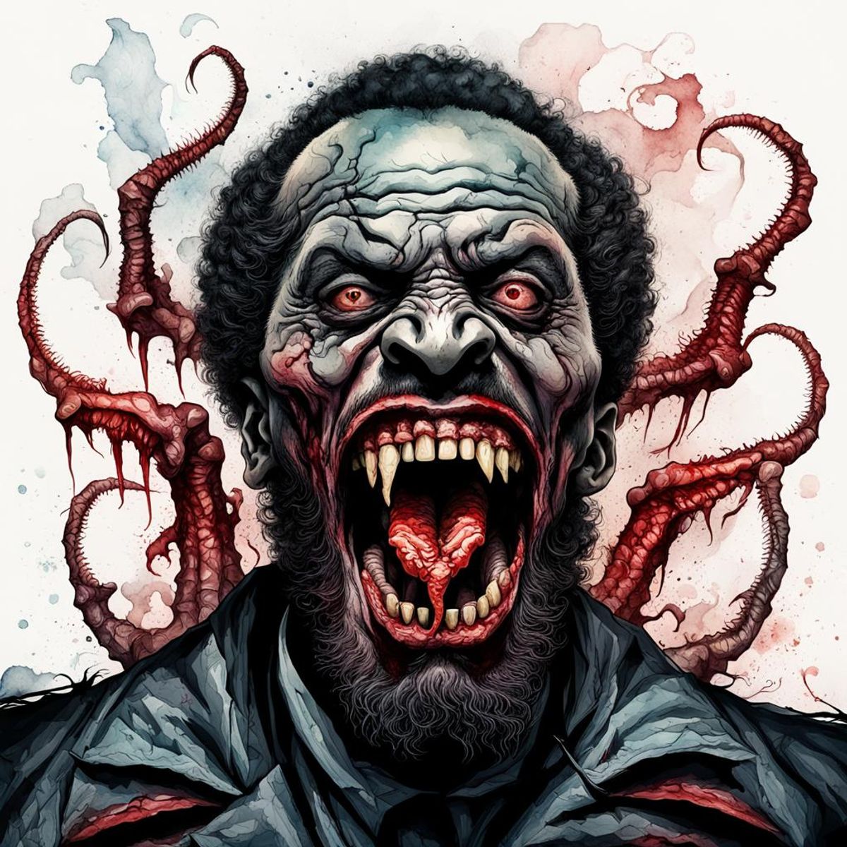 Scary African Dracula, beard, Afro, Goreprint style, evil, cordyceps ...