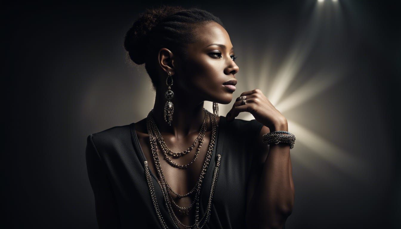full shot of a top model, powerful pose, with earrings, neck...