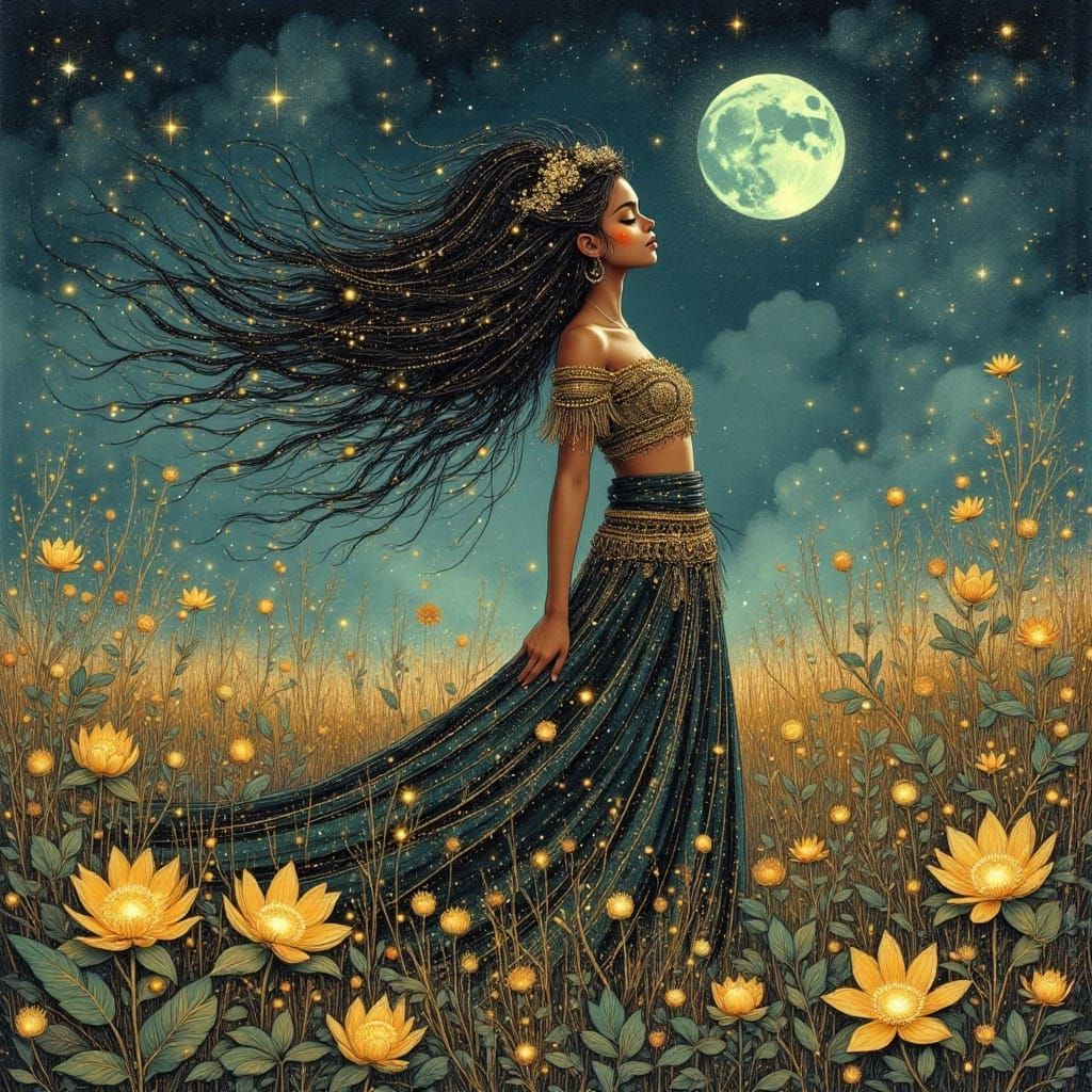 Majestic Woman in Glowing Field of Alien Flora