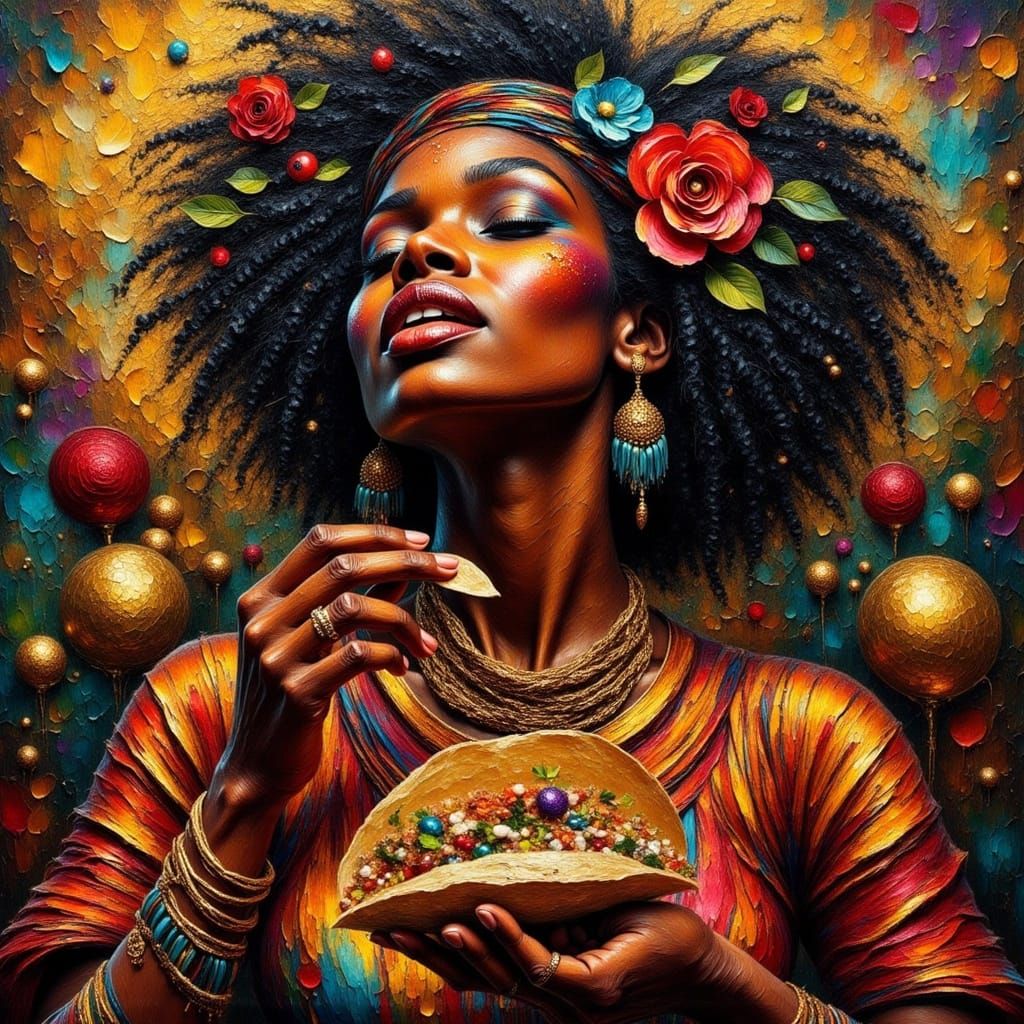 African Woman in Vibrant Attire, Eating a Taco, in a Dark Im...