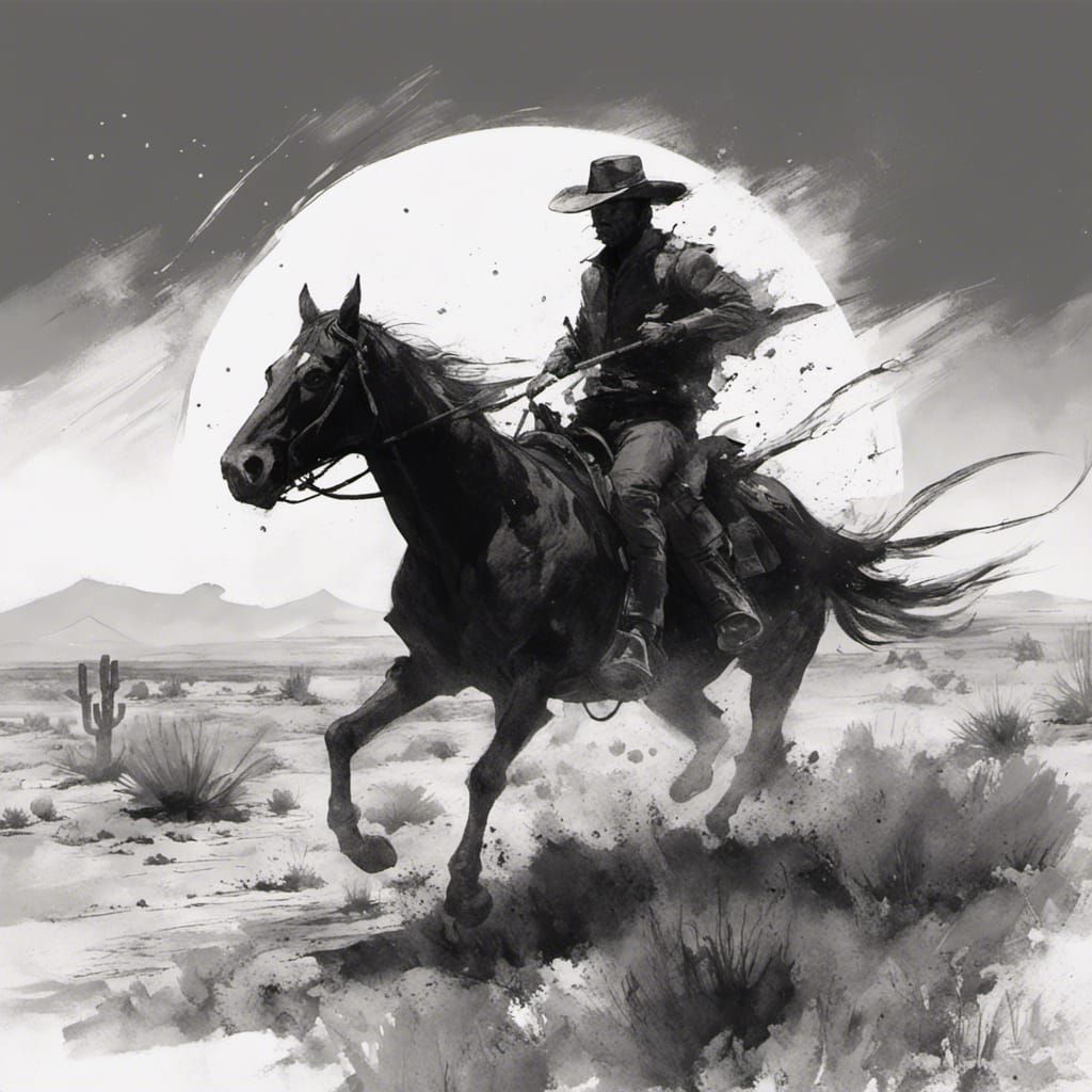 "a cowboy on a horse galloping on the arizona desert" negative black and white Speedpaint with large ...  by @Sergio Ortiz