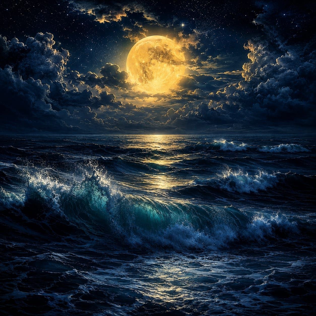 Moonlit Ocean Under Storm Clouds