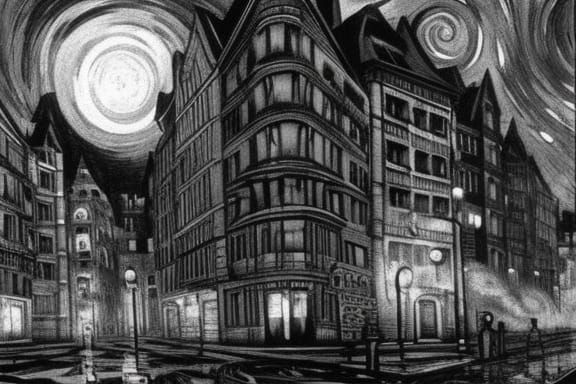 A 1940's cityscape sinister by Greg Rutkowski in black and w...