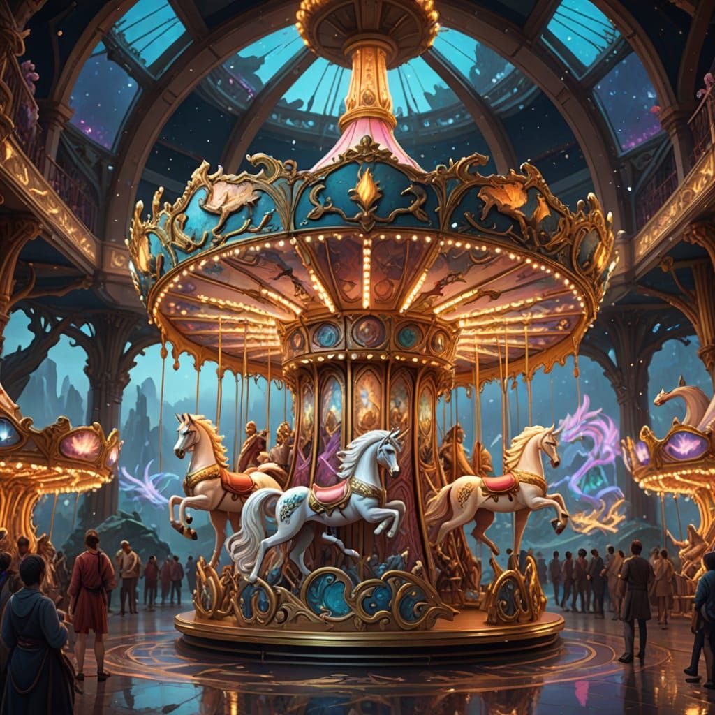 Concept art. A carousel where the animals are majestic, mythical creatures like dragons, phoenixes, and unicorns, each intricately designed....