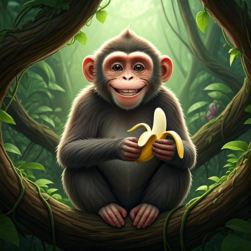 Cheerful Monkey with Banana in Lush Jungle