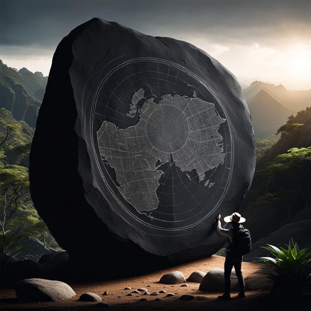 An explorer discovering an ancient carved map in the jungle 🗺️🪨🌲🌳  by @Kalpine