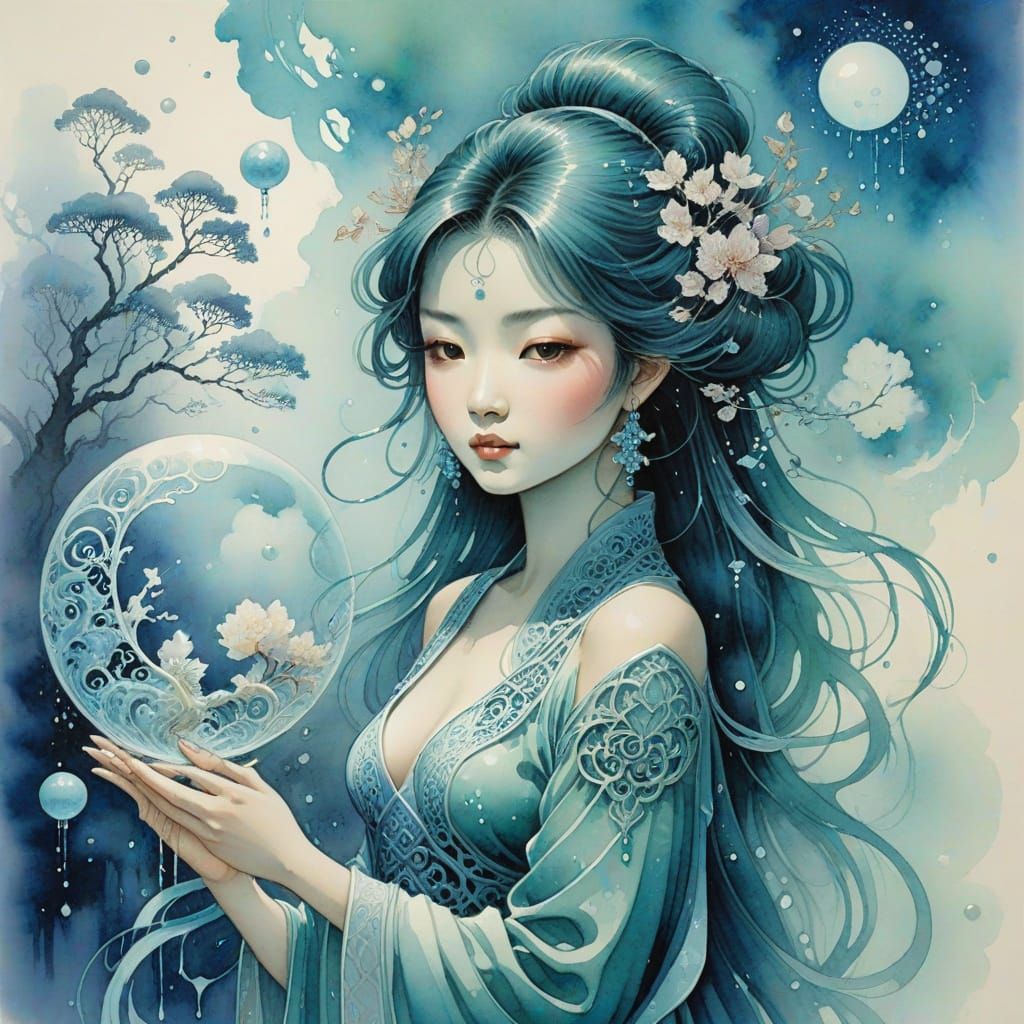 Kelly Freas The magic within,   filigree 3Delight, shin hanga faience wet wash watercolor gossamer, dreamy ...  by @Oma