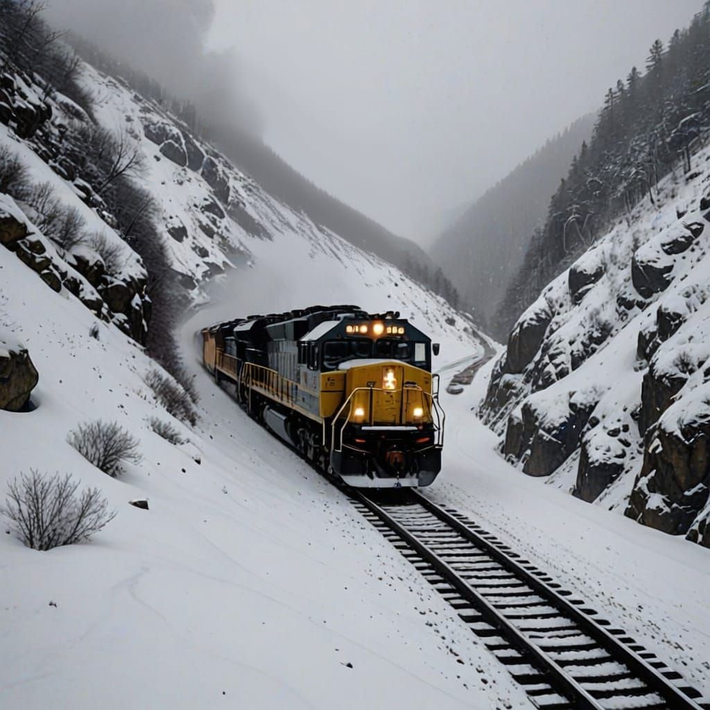 An SD-45 Locomotive pushes uts way up the steep grade of a mountain pass in a snow blizzard.
