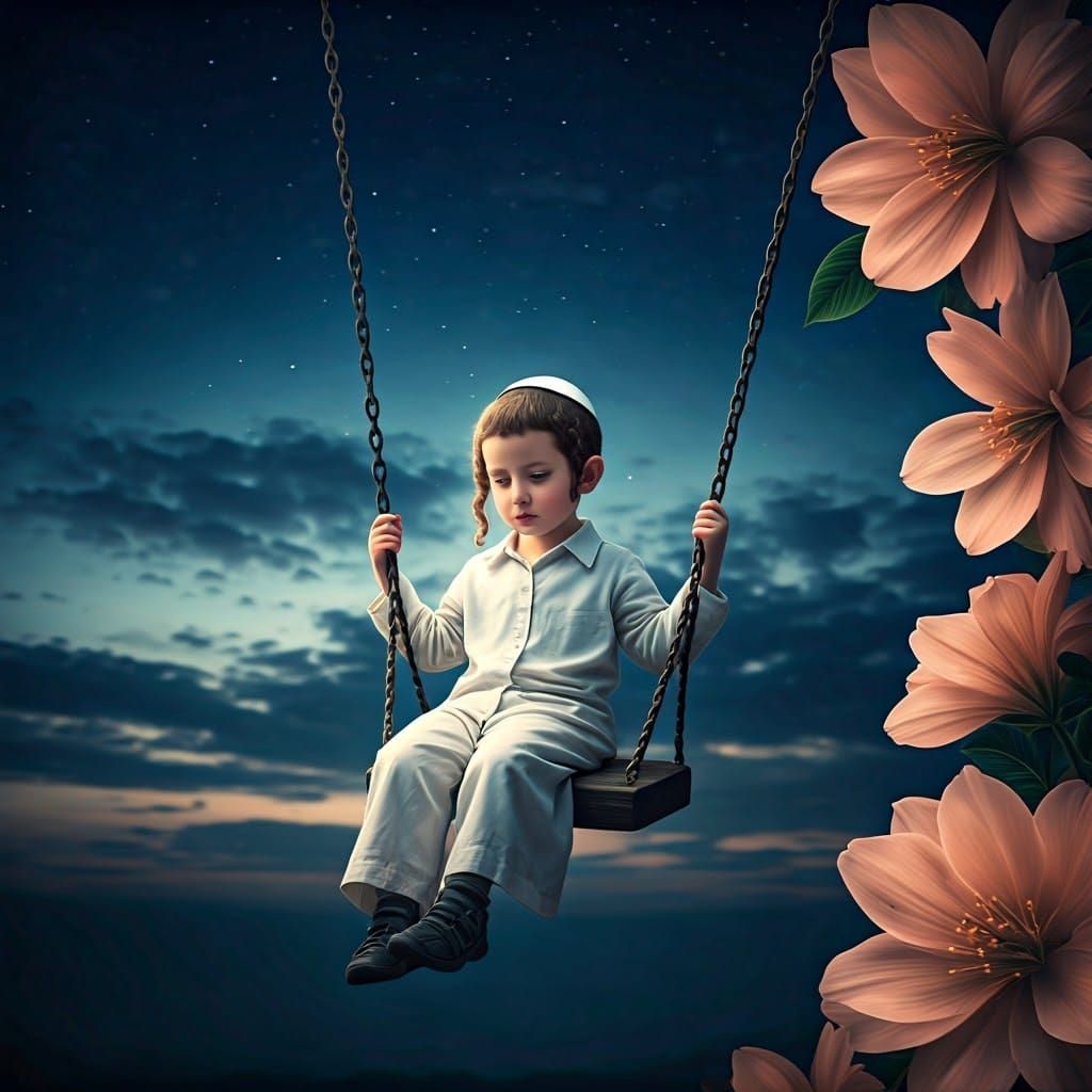Boy on Swing Under Starry Sky, Hyperrealistic Style
