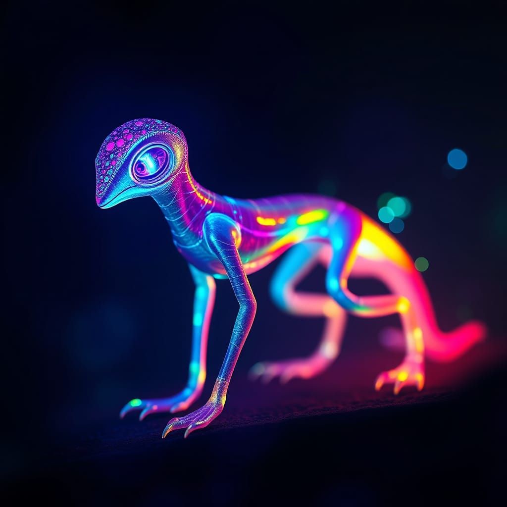 Iridescent Creature Emitting Electric Sparks in Neon Light