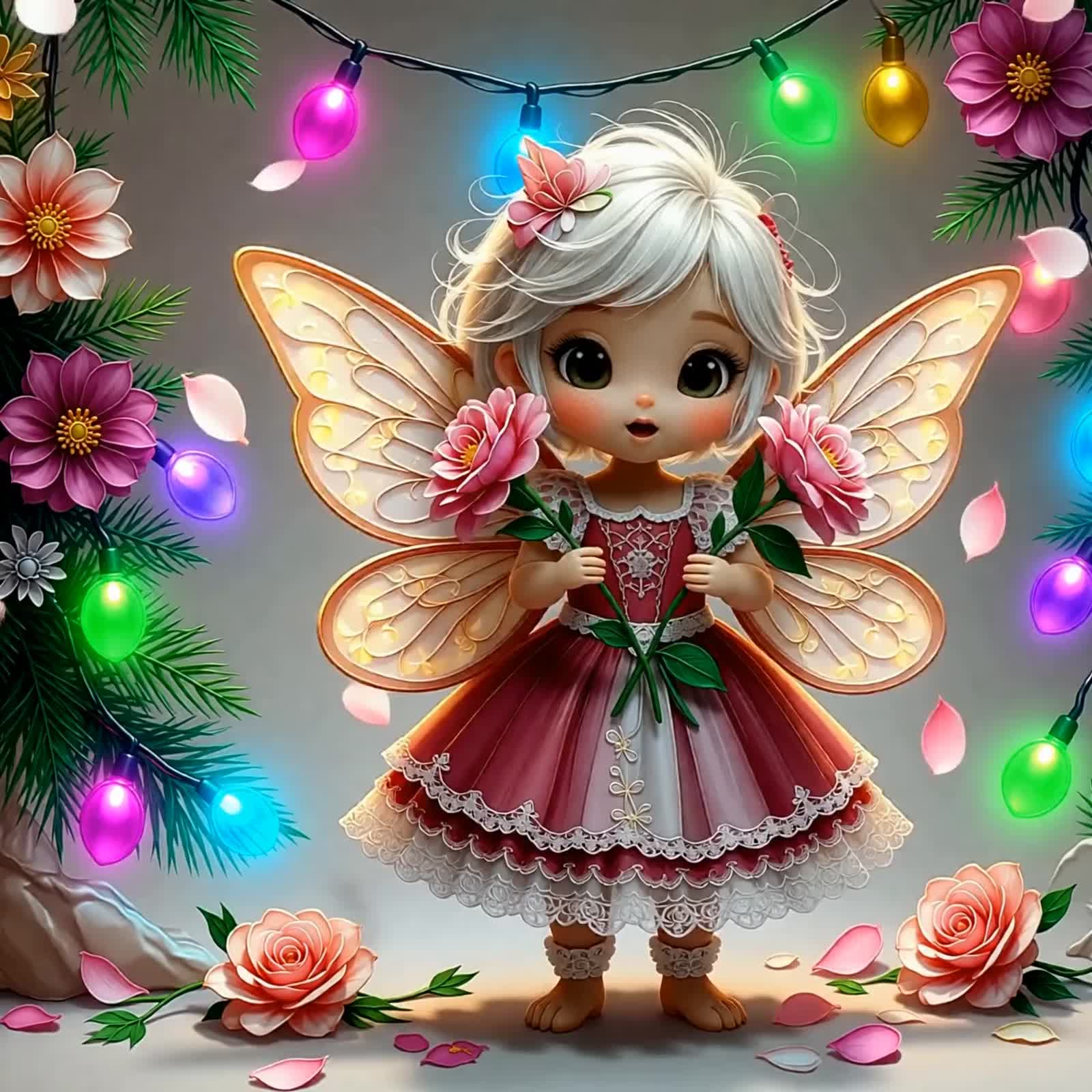 a colorful cartoon delicate acrylic and chalk painting fantasy art of an adorable Pixie, her wings are opening and closi...