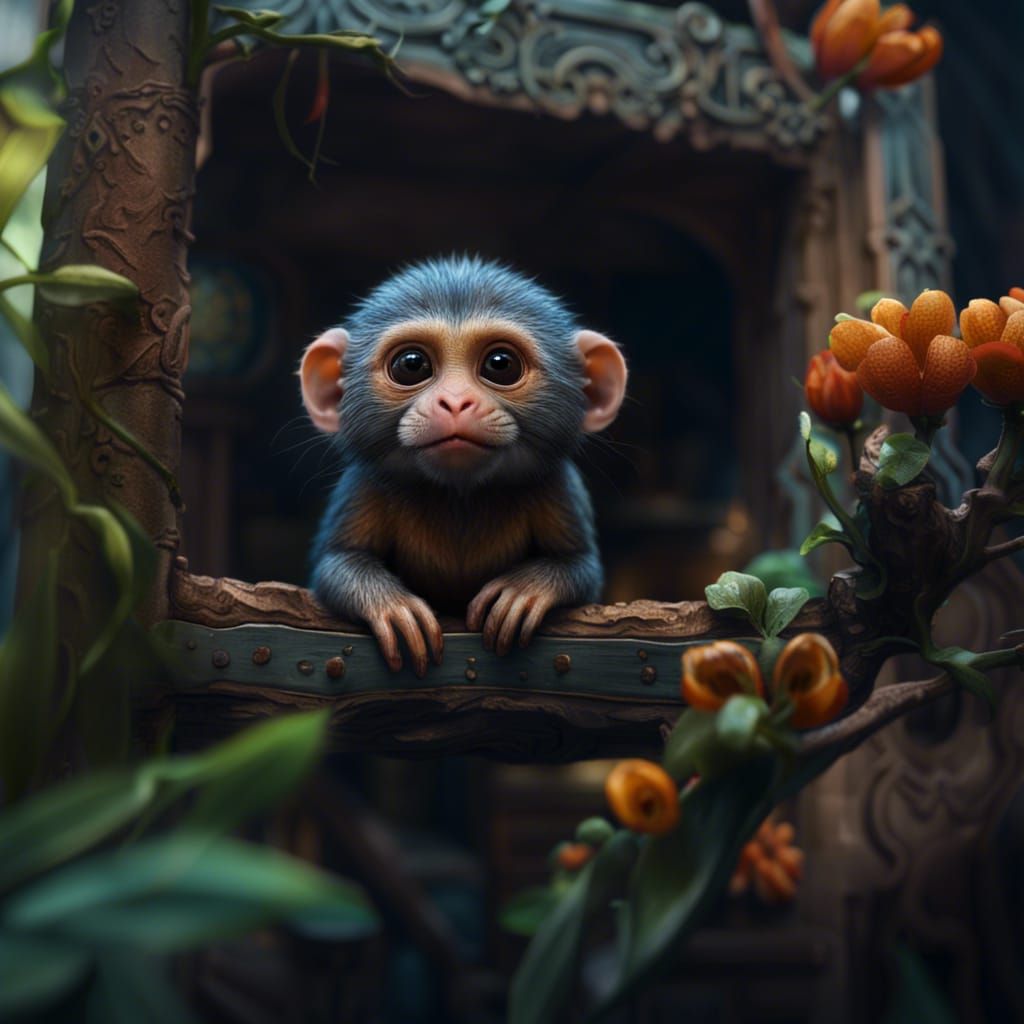 Adorable pygmy marmoset aka finger monkey in a house   by @Dorian