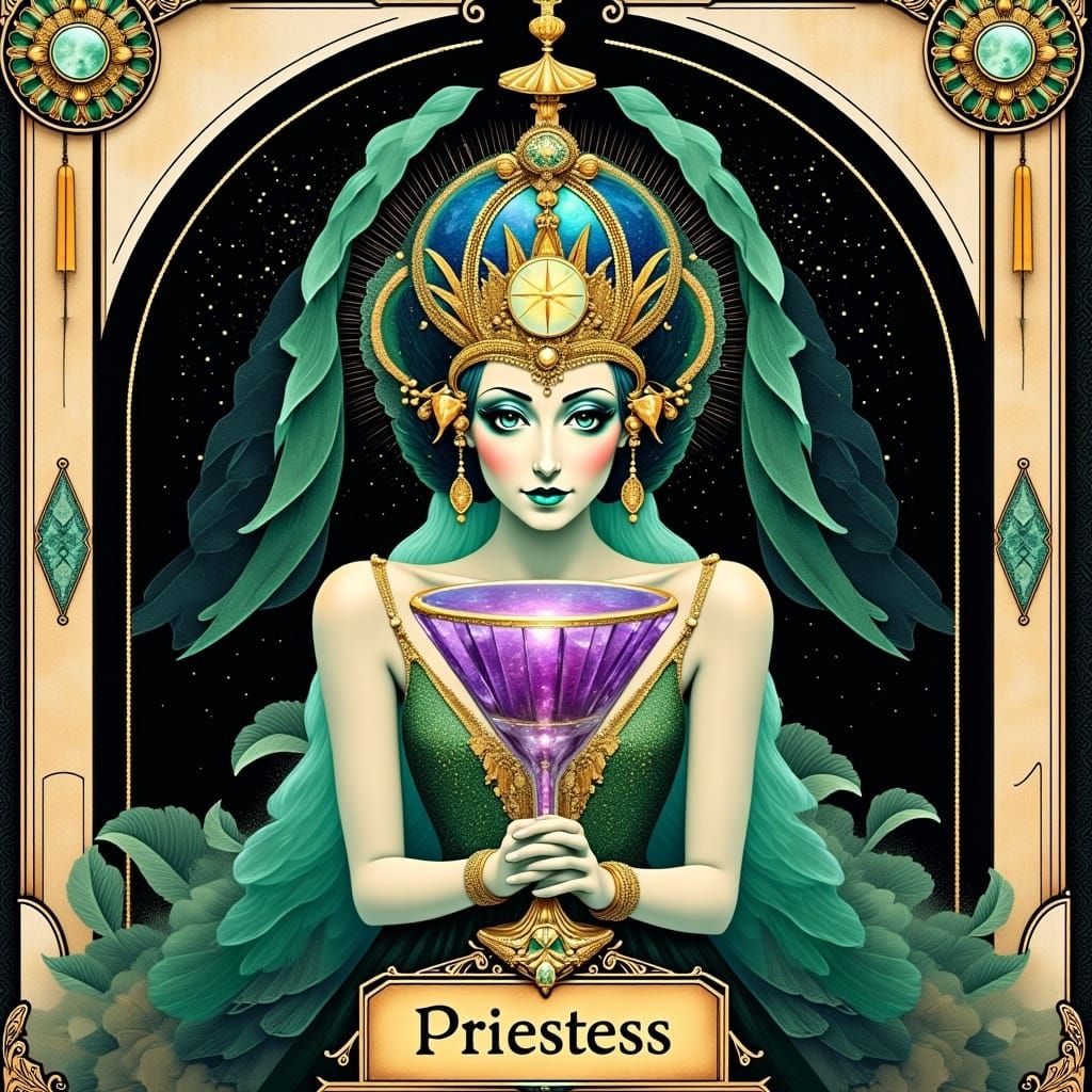 <lora:Collaged:1.0> The Priestess" titled tarot card with magical glittering cocktail in an art deco crystal vessel :: Crisp, sophisticated...