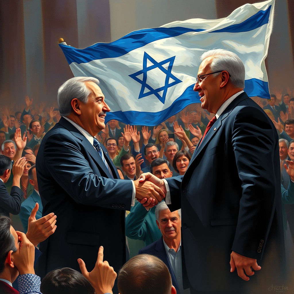 Government Leaders' Handshake Amidst Jubilant Celebration