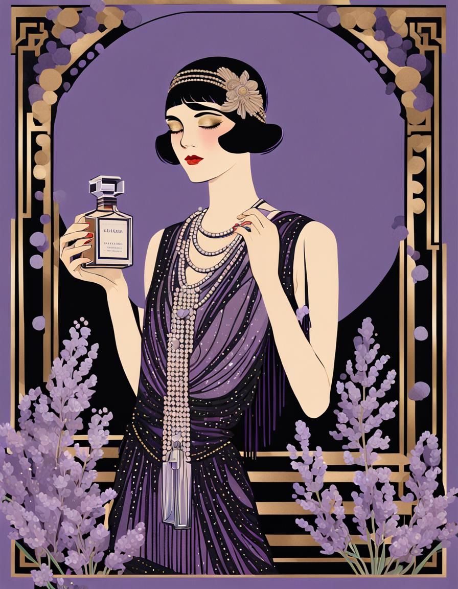 Lavender and black, Art Deco poster art, 1920s flapper adver...