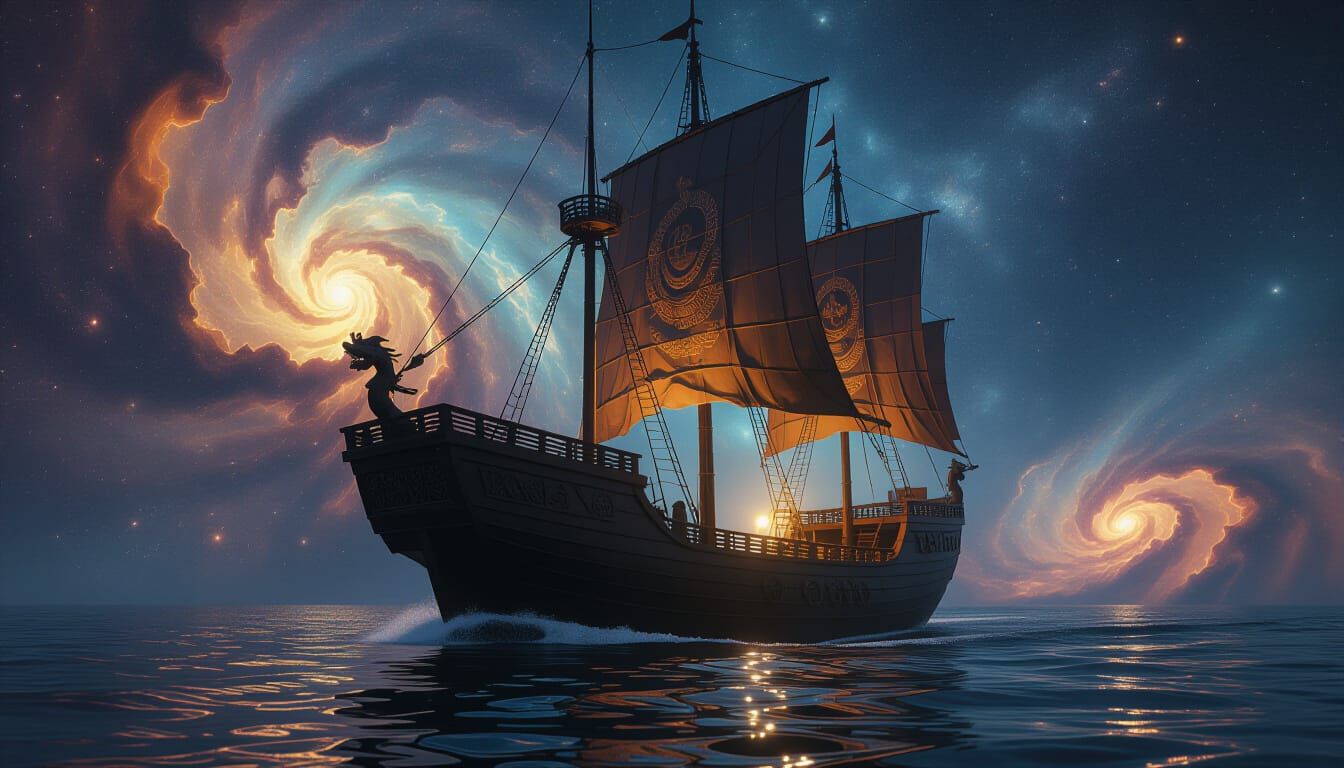 Ancient Han Dynasty Ship Navigates Cosmic Nebula