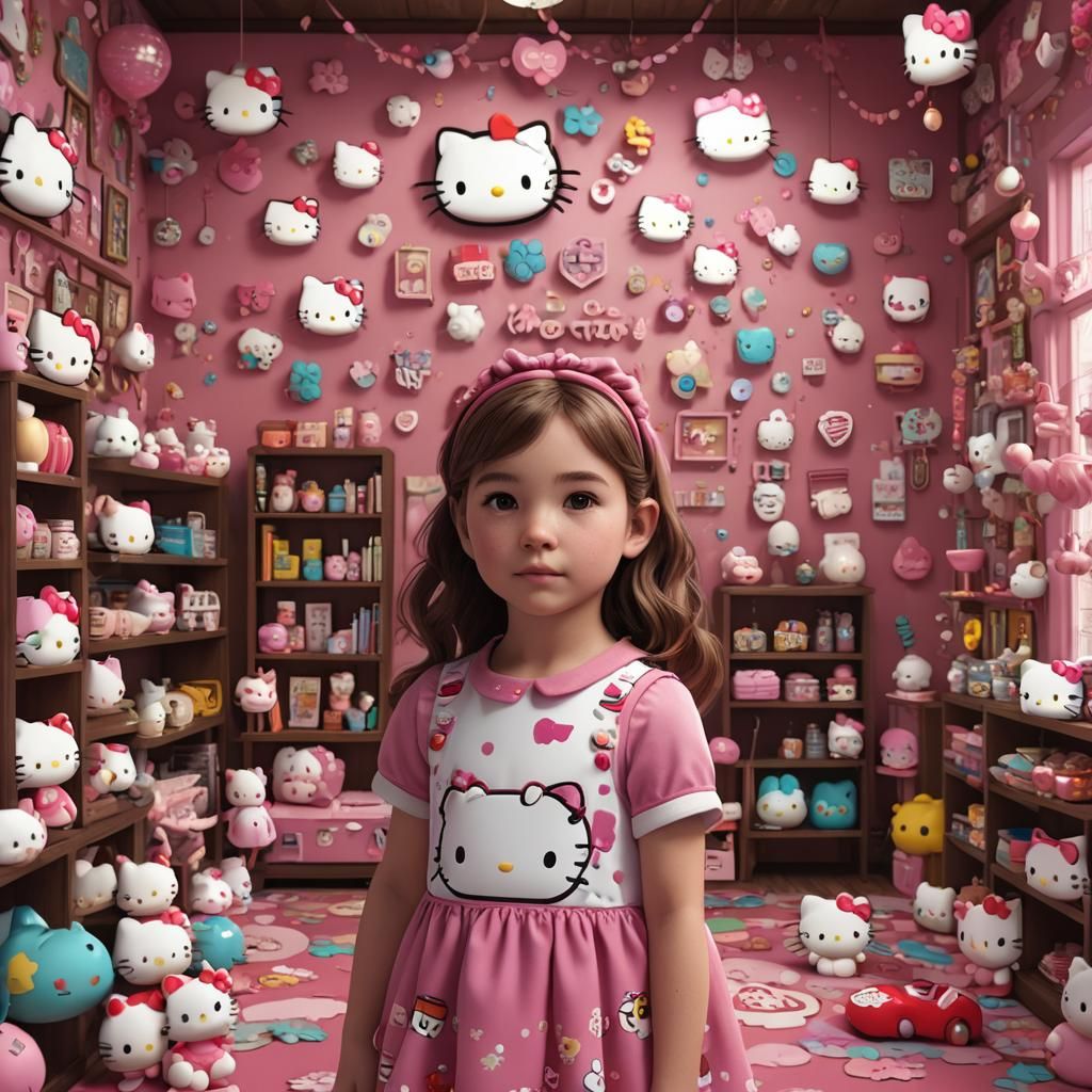 A brown haired American little girl in a hello kitty themed ...