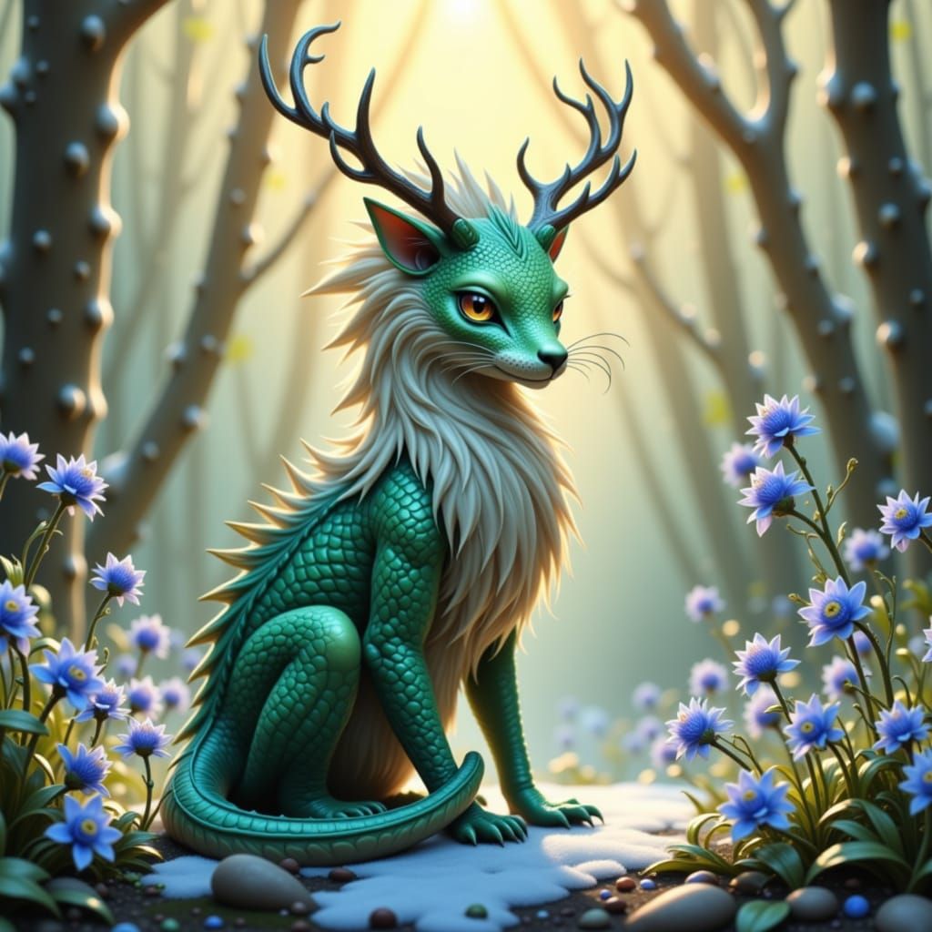 Majestic blue-grey and white dragon-cat hybrid with iridescent green scales that shimmer like polished jade, and plush, soft fur that gradat...