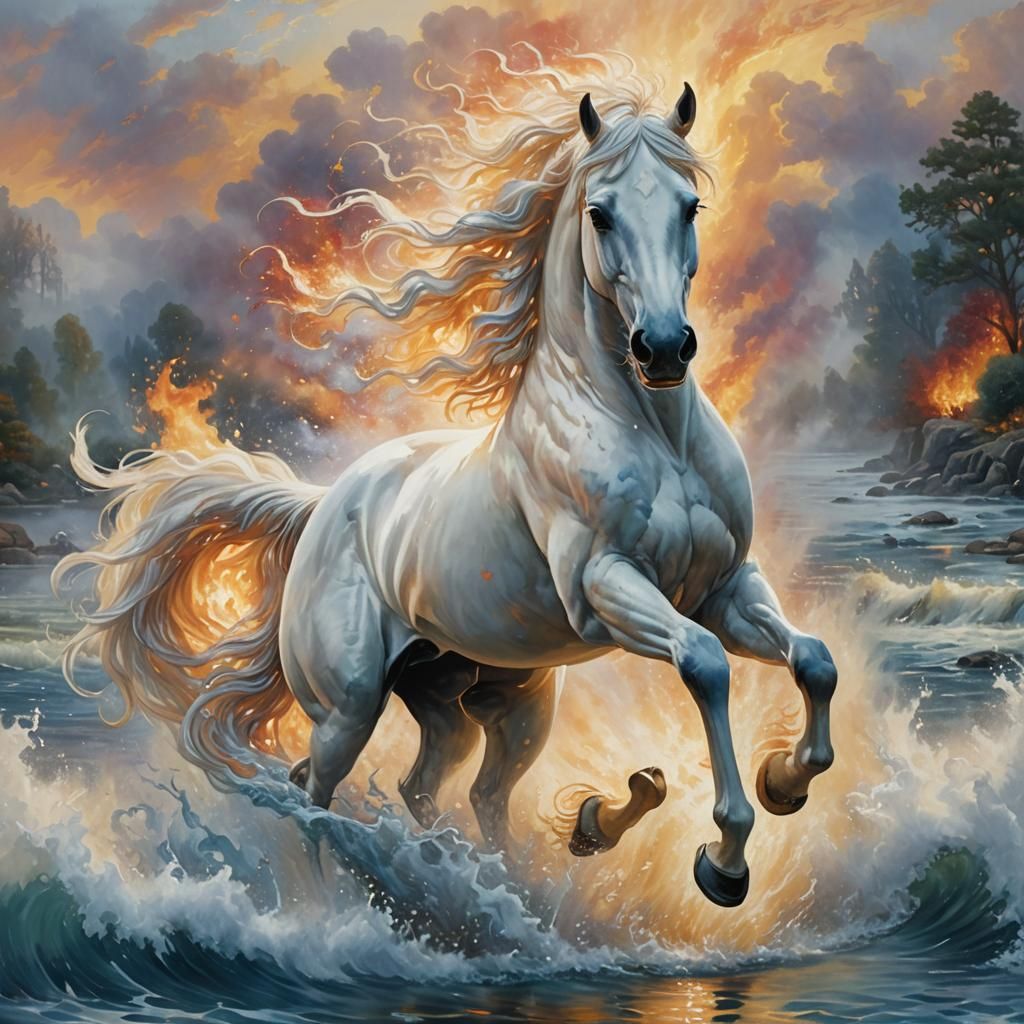 Majestic White Horse Gallops Between Fire and Water