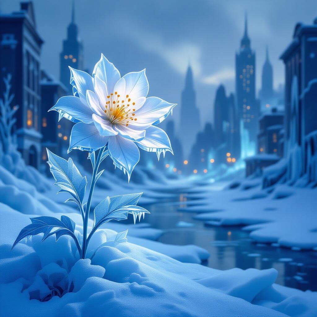 Ice flower against a post-apocalyptic winter 