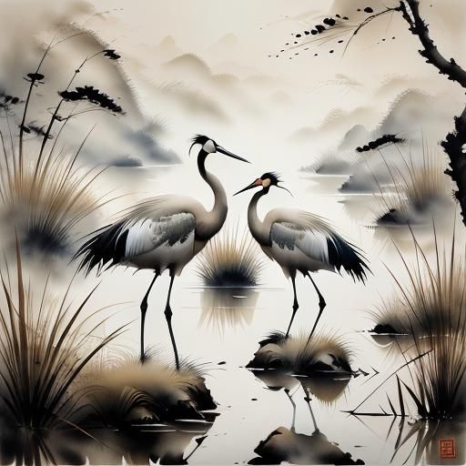 Cranes, muted chinese ink painting, muted color, rice paper texture, splash paint, wet to wet techniques, perfect balance composition, 8k, h...