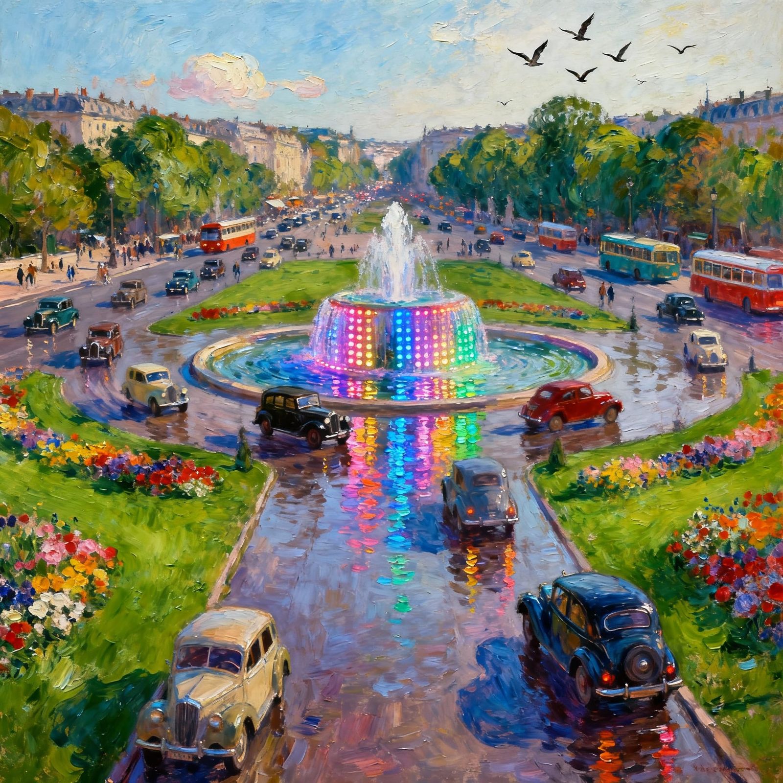 Vibrant Fountain Square in Impressionist Oil Painting Style