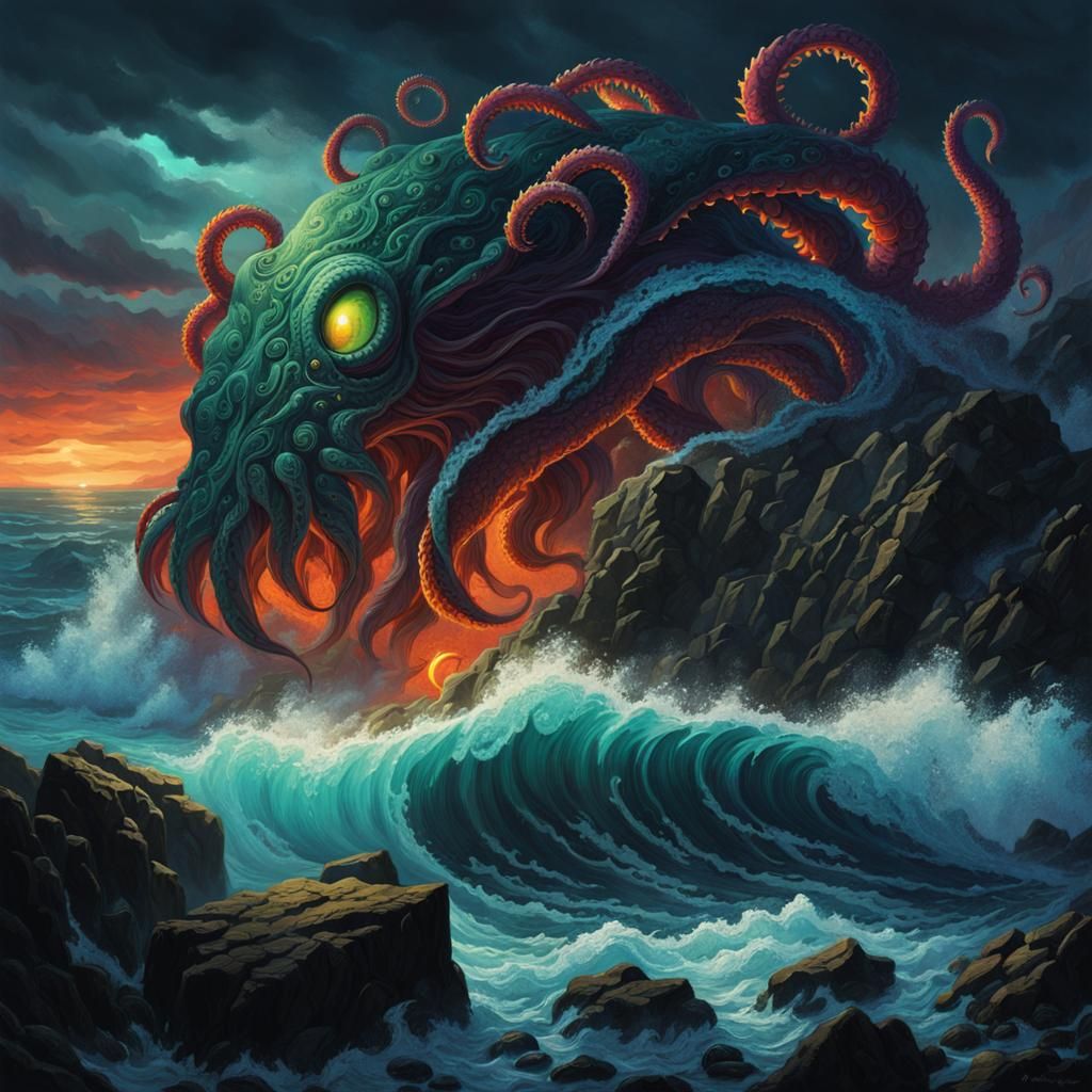 Eldritch being from the depths of the ocean emerging onto a ...