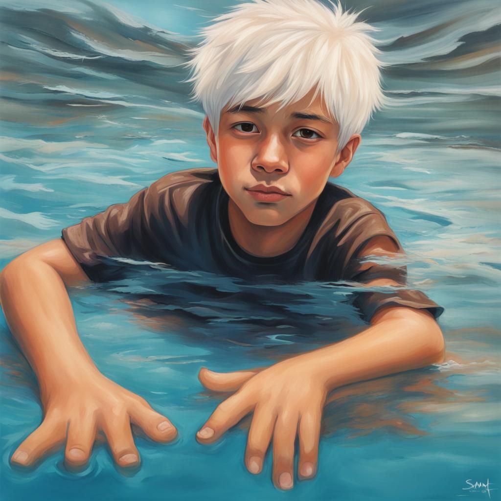 Boy with white hair brown eyes swimming in pool Drawing, Rad...