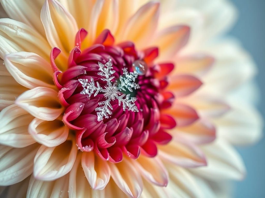 A snowflake falling on one of the petals of a Dahlia pinnata flower, all in a perfect geometric view, ...  by @Berserk89