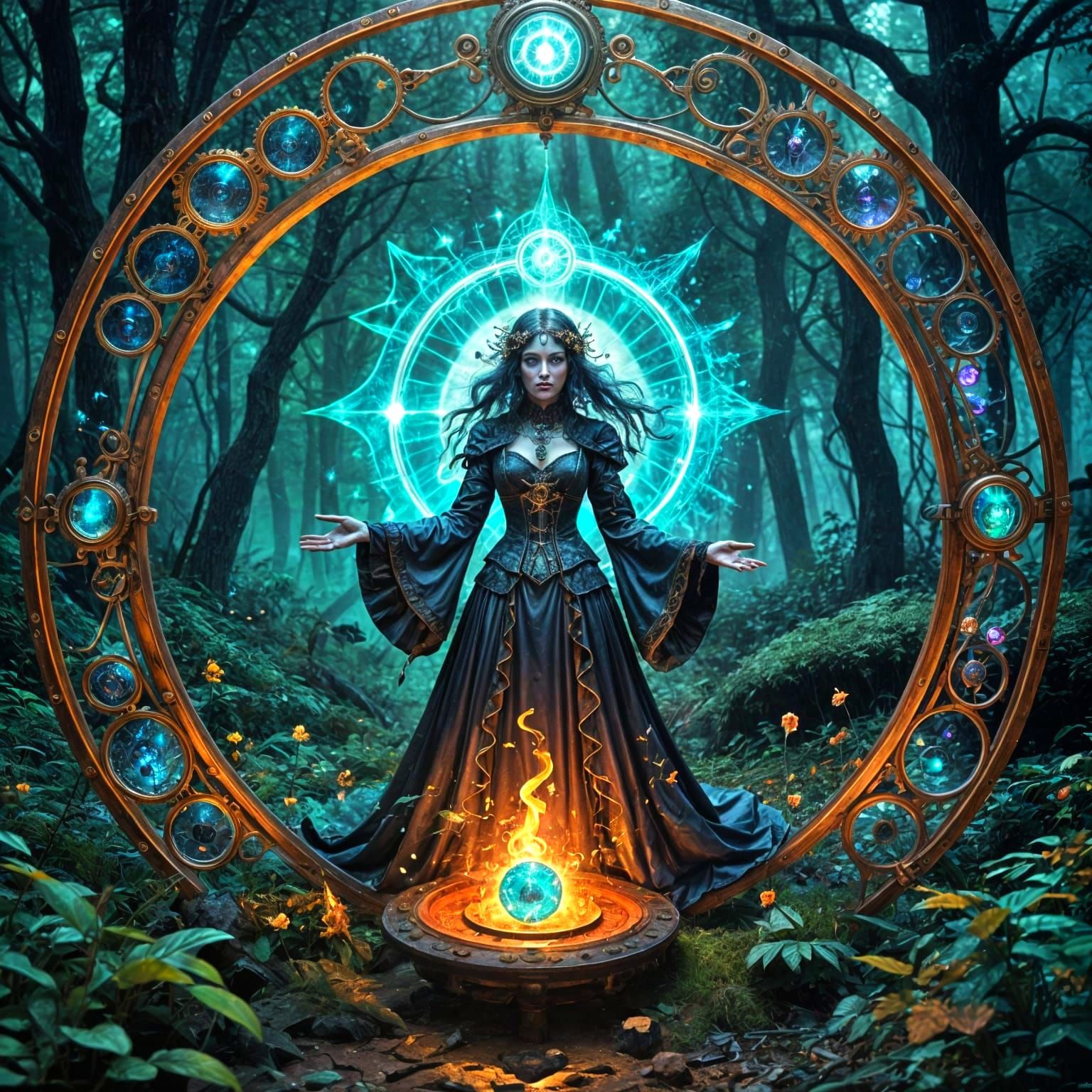 Steampunk Sorceress Conjuring summoning ethereal portal, Wilderness, Psychedelic Splash, Kaleidoscopic ...  by @Nerva