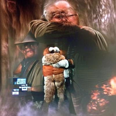 Wilford Brimley hugging an Ewok