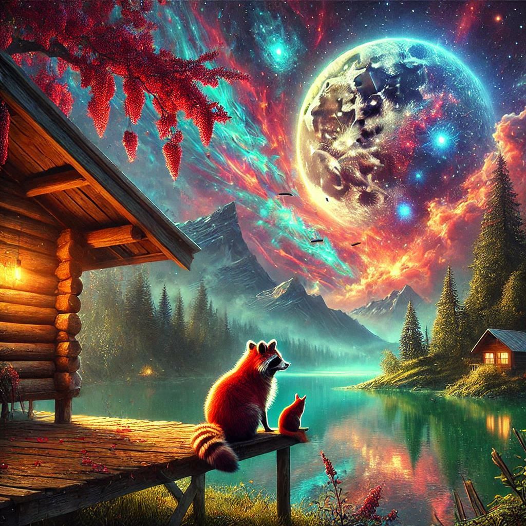 Red Raccoon and Squirrel at the Cabin