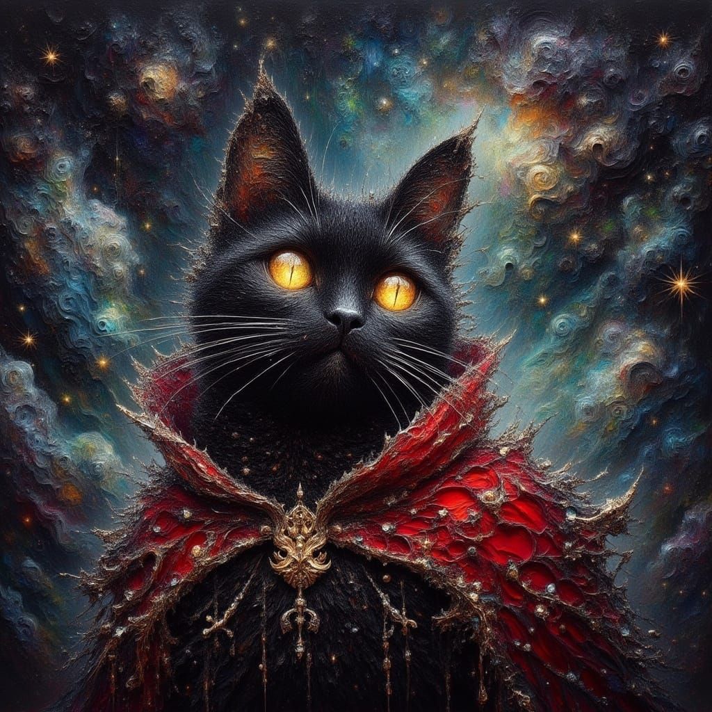 <lora:Impax v2:1.0>impasto oil painting with harsh strokes ,  a evil black cat with fire eyes  wearing a red cape s amidst a mesmerizing, st...