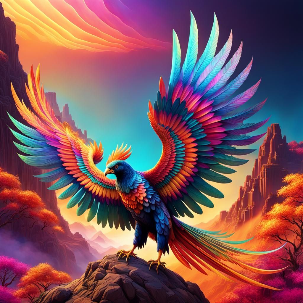 Multicolored phoenix in a epic landscape - AI Generated Artwork ...