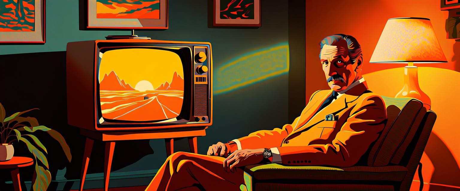 mr. spock watching big bang theory on tv, watercolor, gouache, retro comic book, moebius, erin hanson, ghibli, cezanne, mossy green, indigo ...