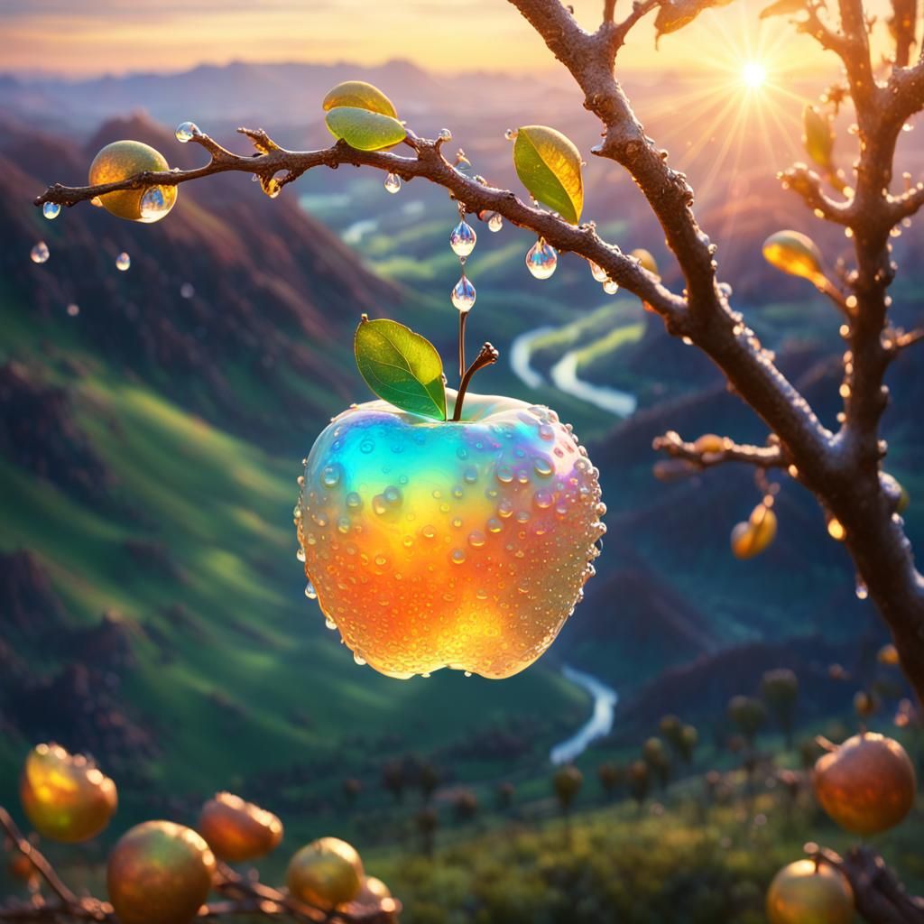 a delicate apple made of opal hung on branch in the early morning light, adorned with glistening dewdrops. in the background beautiful valle...