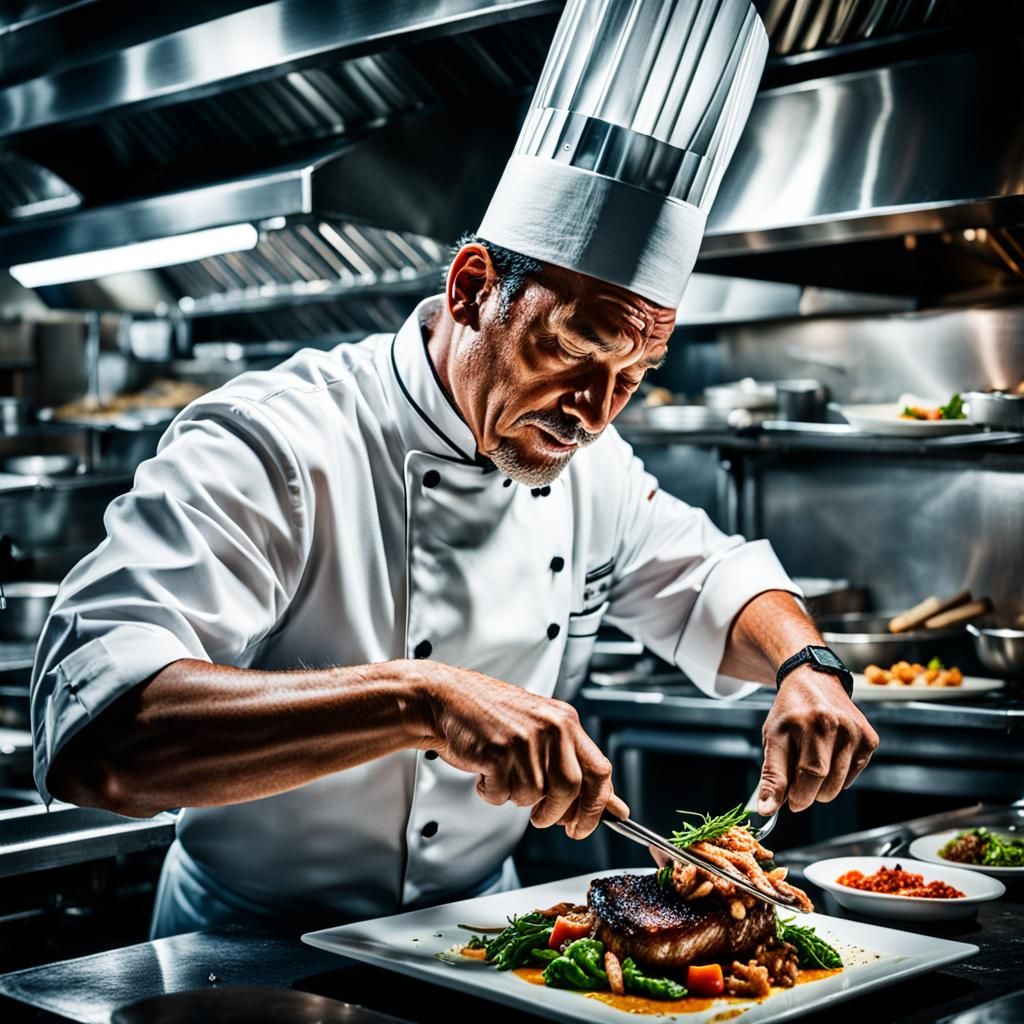 A lively photo featuring a chef passionately preparing a signature dish in a professional restaurant ...  by @AnneMills