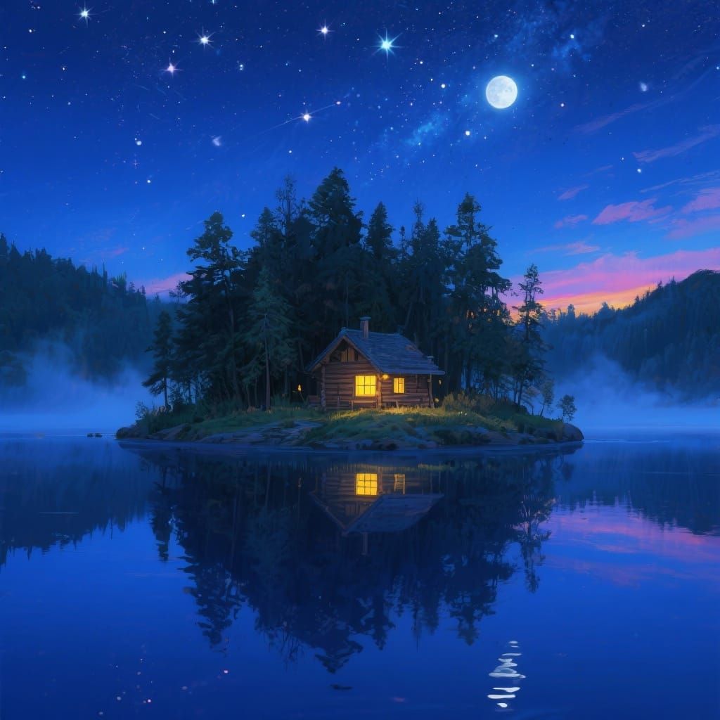 A calm night landscape with a still lake reflecting the deep blue sky, a small island in the center covered with dense forest. On the island...