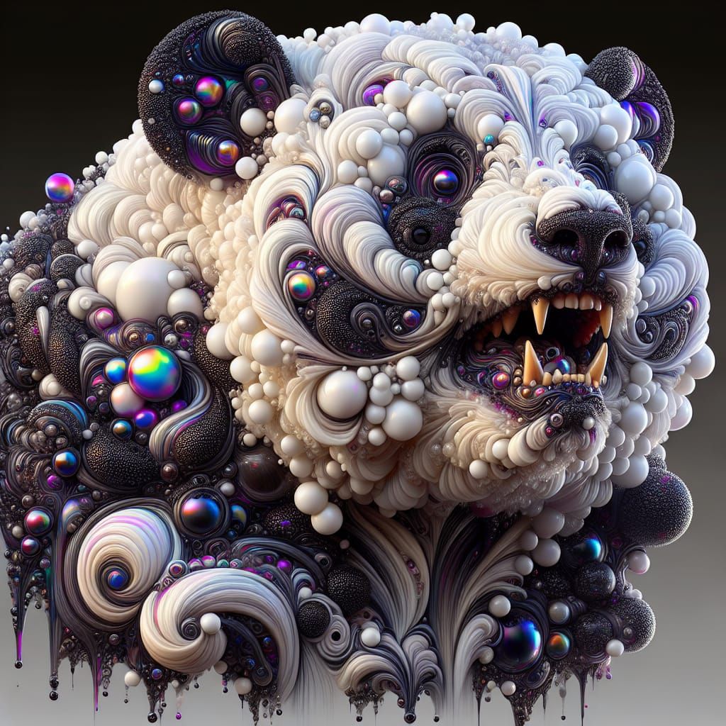 combine the art of Picasso with the style of Tim Burton to create an abstract depiction of panda bear completely made fr...