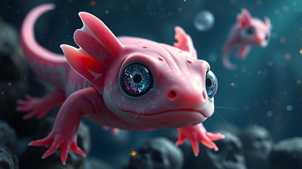 Extremely detailed art featuring 
a cute pink axolotl with large, sparkling eyes that reflect a galaxy, ...  by @Kindly Offer