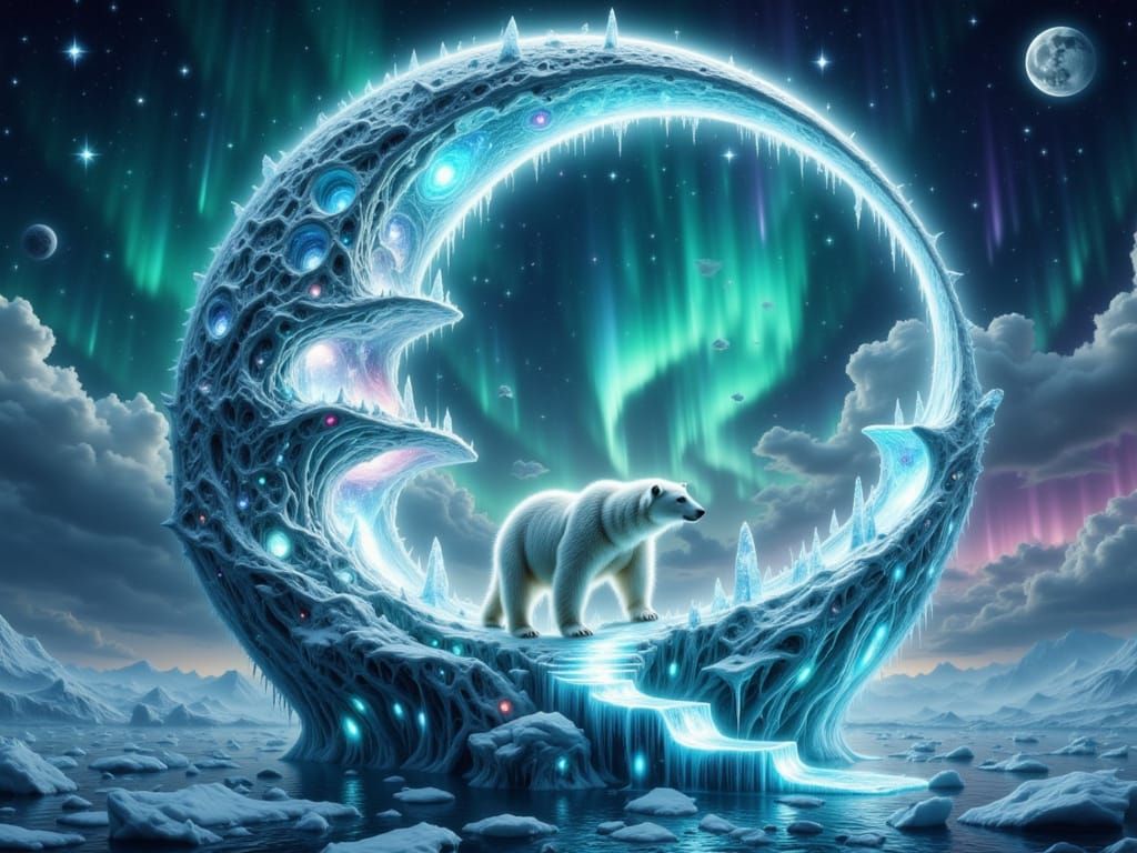 <lora:FiosCrescentMoons:1.0> Intricate fantasy polar bear nestled within a luminous crescent moon, midnight arctic scene with crystalline i...